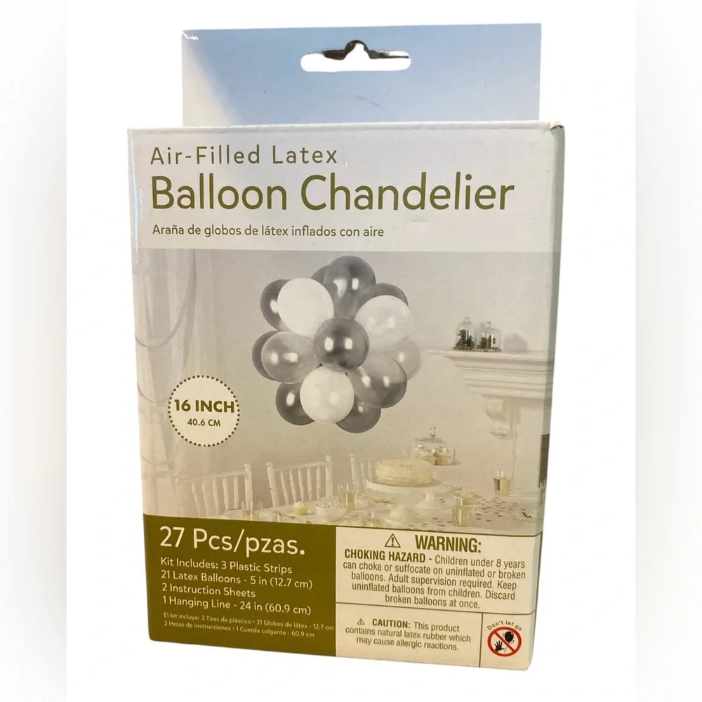 New- Amscan 16” Air-Filled Latex Balloon Chandelier- Matte Silver, Clear, White